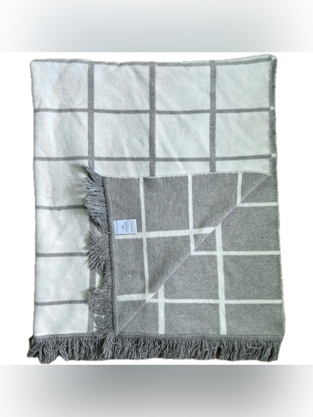 Docofil White Gray Windowpane Plaid Throw Blanket Fringe Trim Hygge Minimalist